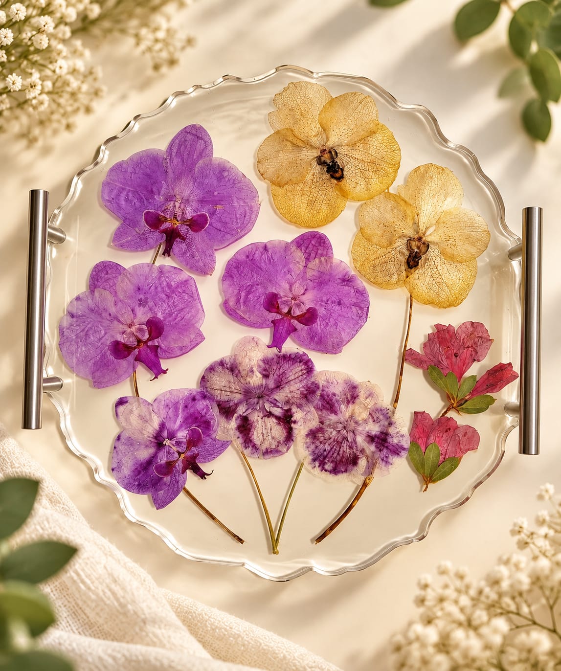 Bandeja de resina com orquídeas roxas e amarelas preservadas