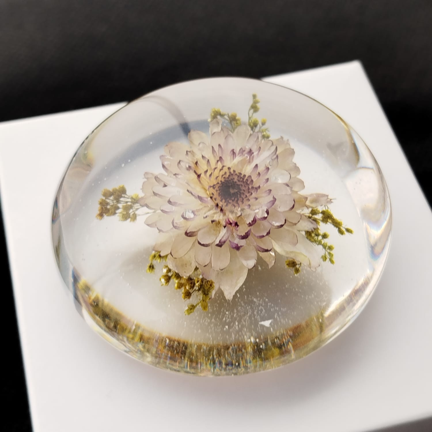 Peça circular transparente com flor clara preservada